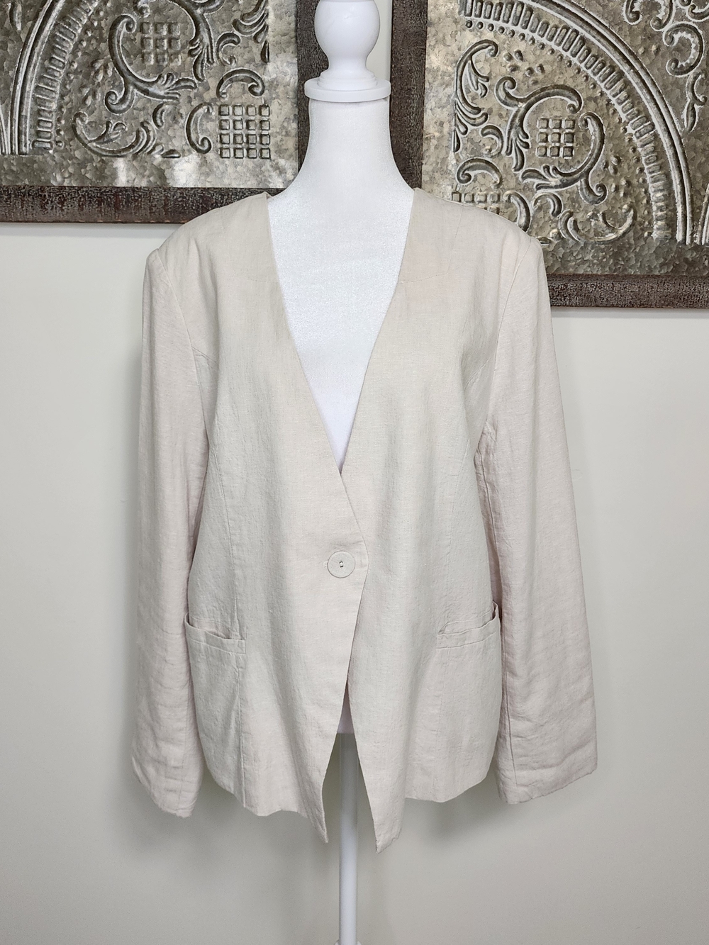 Joie Light Cream Single-Button Women's Linen Blend Lightweight Blazer XL Office